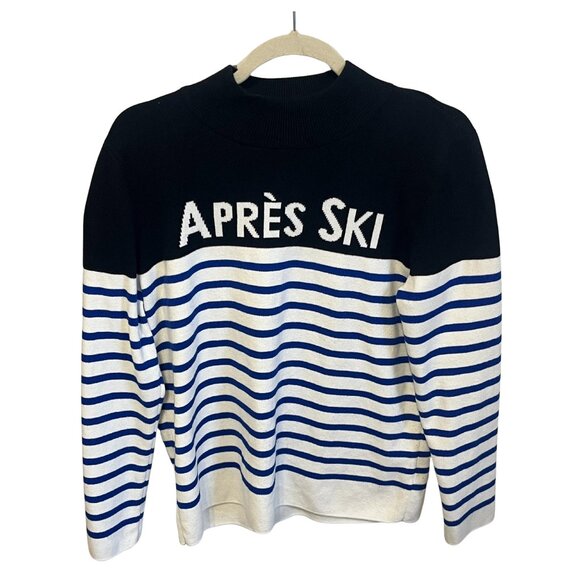 Talbots Apres Ski Blue Navy Cream Mock Neck Striped Sweater size LP - Picture 2 of 7